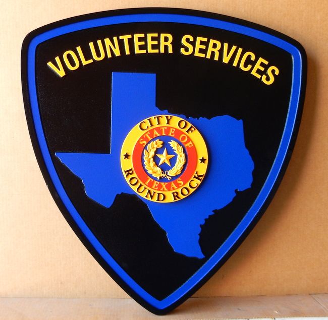 PP-2260 - Carved  Wall Plaque of the Shoulder Patch of the Round Rock City Volunteer Services, Texas, Artist Painted