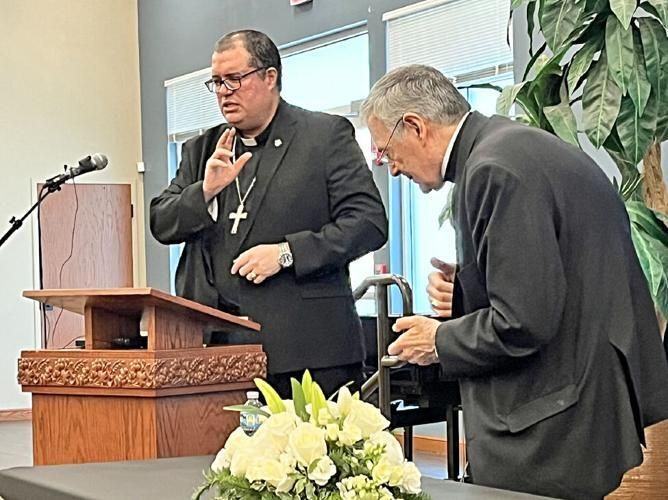 Bishop-elect Manuel de Jesús Rodríguez offers a blessing after speaking at the news conference Dec. 19, 2025.