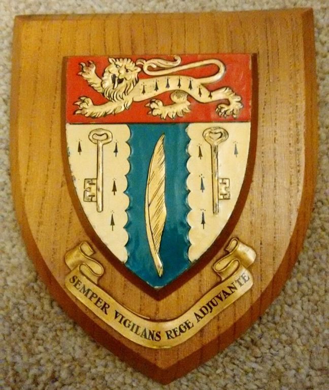 XP-2180 - Carved Shield Wall Plaque of Family Coat-of-Arms with  Lion, Keys and Feather, Artist Painted  with Oak Wood Shield 
