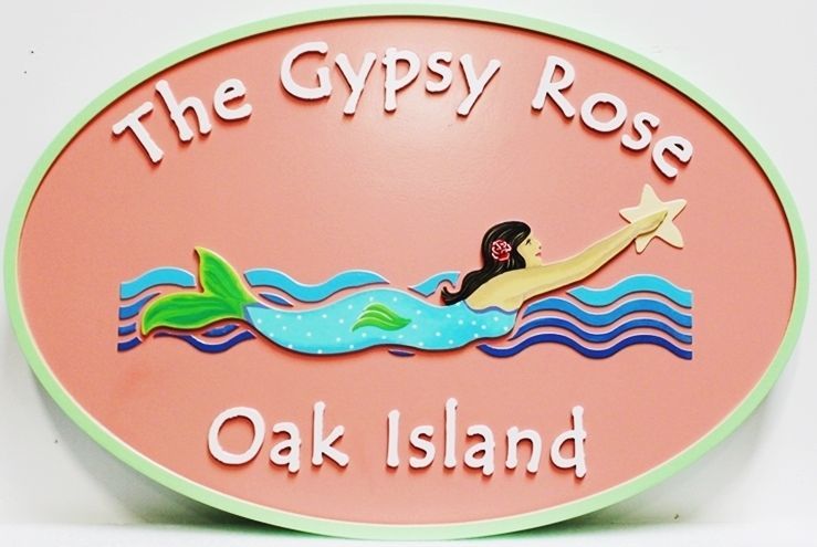 L21901 - Carved 2.5-D Multi-level Relief HDU Coastal Residence Name Sign "The Gypsy Rose", with Swimming Mermaid as Artwork