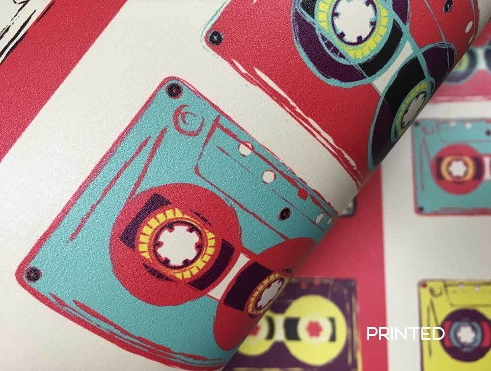 red, blue and black textured wall covering custom printed