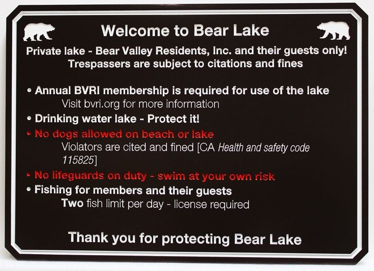 M22893 - Engraved High-Density-Urethane (HDU)  Rules Sign for Bear Lake, A Private Resort  