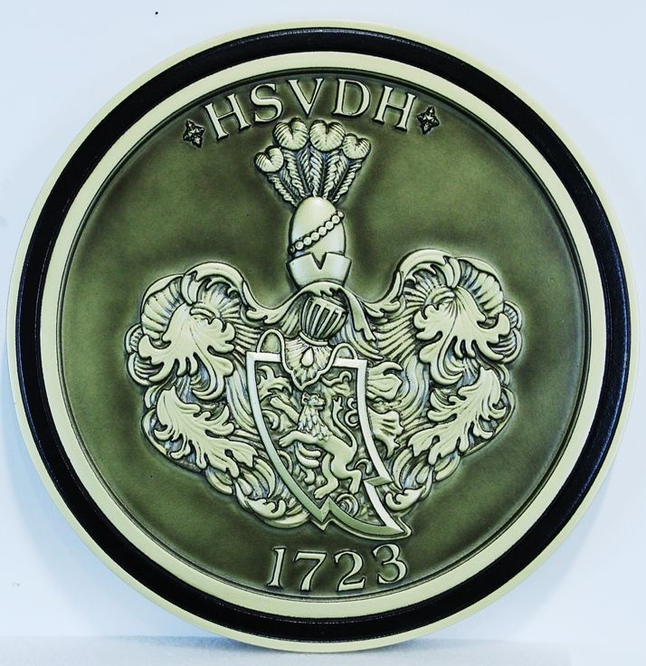 XP-1321 -  Carved  Plaque of a HSVDH Coat-of-Arms with a Lion and a Helmet, 3-D Artist-painted 