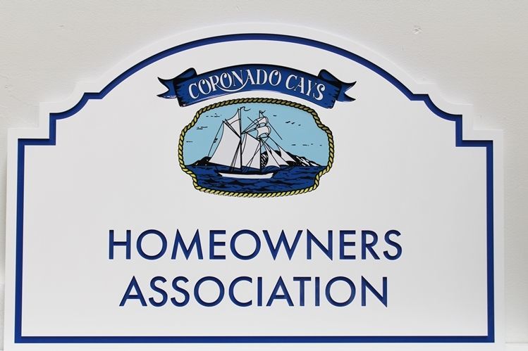 K20393 - Engraved  High-Density-Urethane (HDU)  Residential Community  Sign "Coronado Cays Homeowners Association", with Giclee Printed Vinyl Applique of a Sailing Schooner.