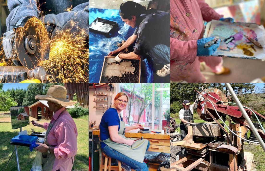 Montage image of artists working in their studios and outdoors-painters, sculptors, mosaic artists, etc.