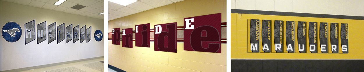 3 sets custom signs in school hallway with school colors and mascots, school signs with character words