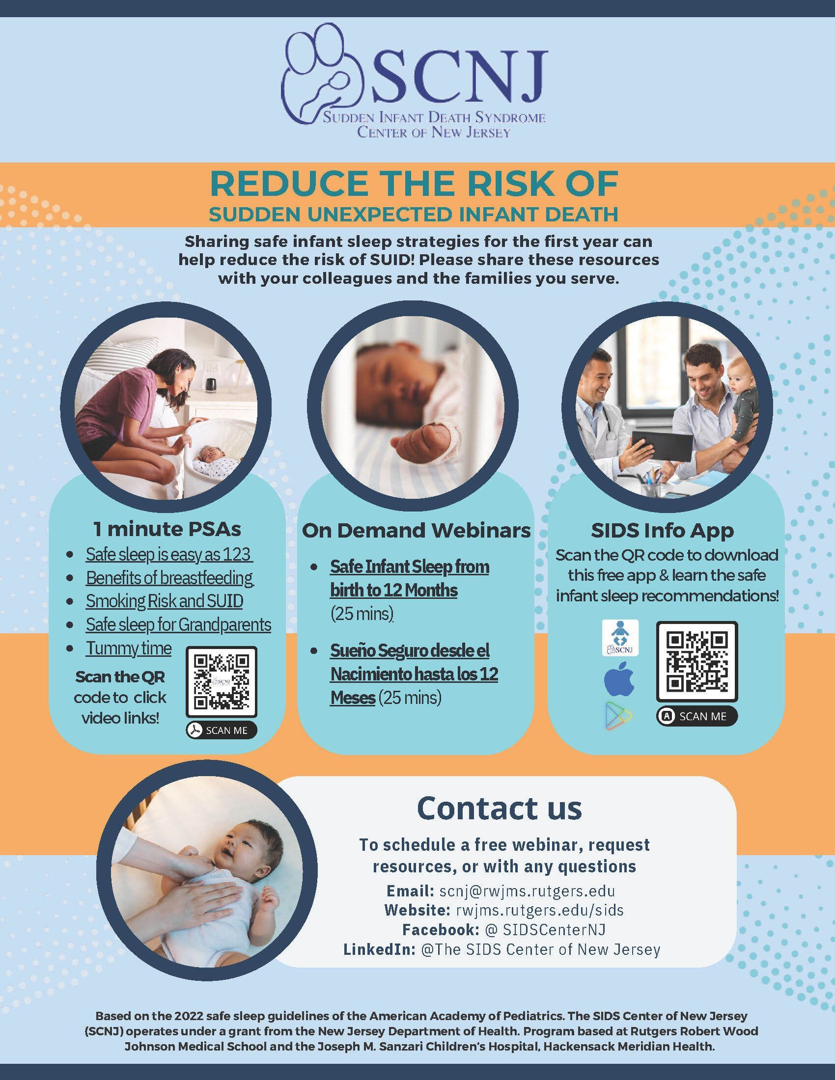 The SIDS Center of NJ is here to help caregivers, healthcare providers, and families across New Jersey access the latest in safe sleep practices to reduce the risk of sudden unexpected infant death (SUID) and sudden infant death syndrome (SIDS). 