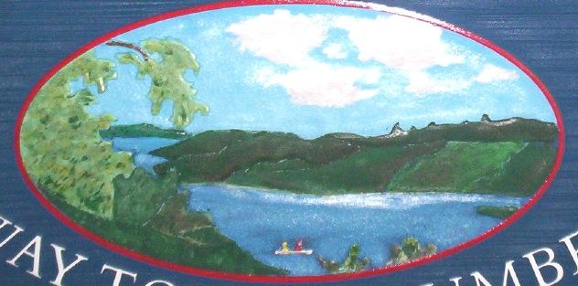 M22346 - Close-Up of Sign with Boaters in River , Green Foothills