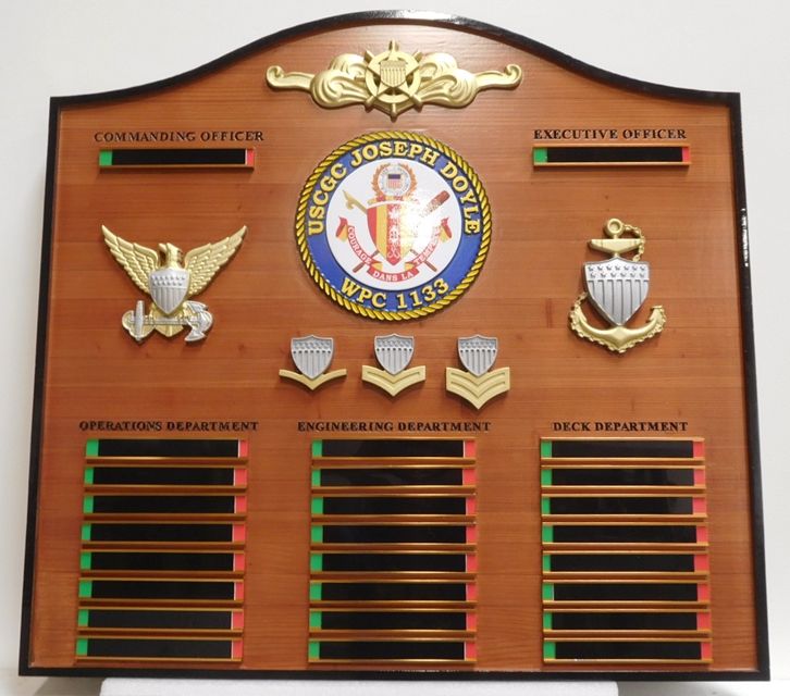 NP-2487 - Carved Mahogany  Command Board for USCGC Joseph Doyle, with Engraved  Brass Plates Names of for Ship's Crew, 3-D Crest, Badges and Insignia