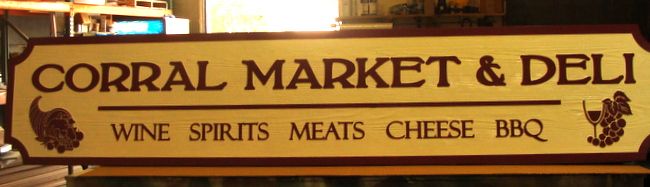 Q25632 - Carved Wood Sign for "Market & Deli" "Wine Meats Cheese BBQ" with Carved Cornucopia, Grapes and Wine Glass