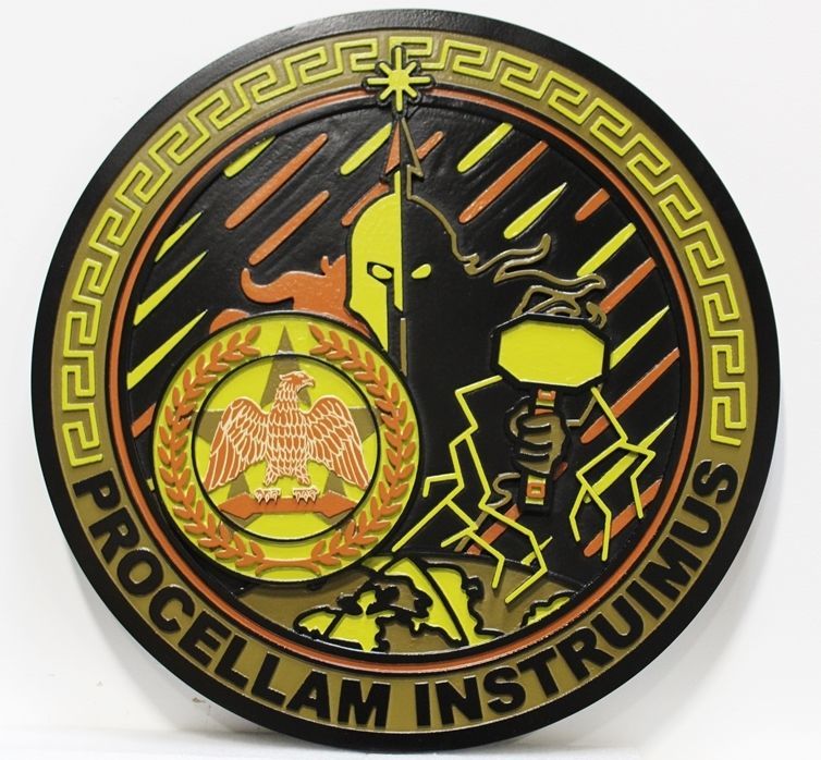 MP-2385 - Carved 2.5-D Multi-level Raised Relief HDU Plaque of  a Crest of a US Army Unit with Slogan "Procellam  Instruimus  
