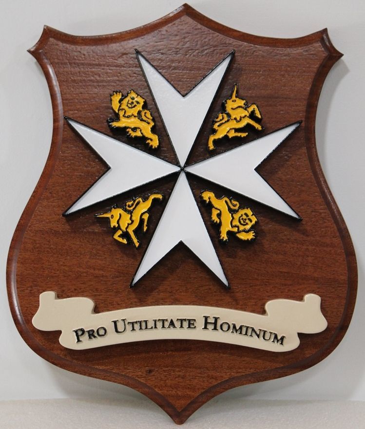 XP-2202 - Carved Plaque of Coat-of-Arms "Pro Utilitate Hominum"  Mounted on a Mahogany Shield  