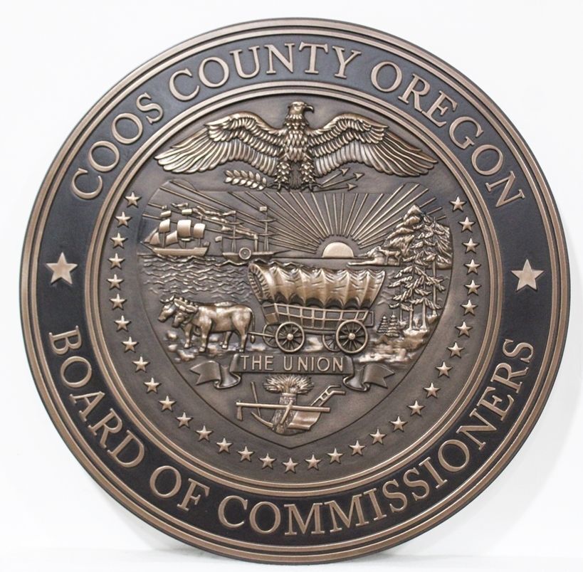 CP-1091 - Carved 3-D Bas-Relief Bronze-plated HDU Plaque of the Seal of the Coos County Board of Commissions, Oregon