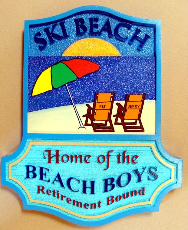 L21024 - Carved Beach House Sign "Home of the Beachboys" with Umbrella, Chairs, Ocean, Sun and Residence Name 