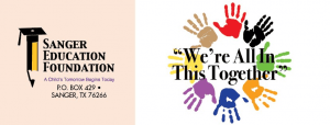 On the left there is the sanger education foundation logo with a pencil with a graduation cap. On the right there are a rainbow circle of hands with the text "We're all in this together"