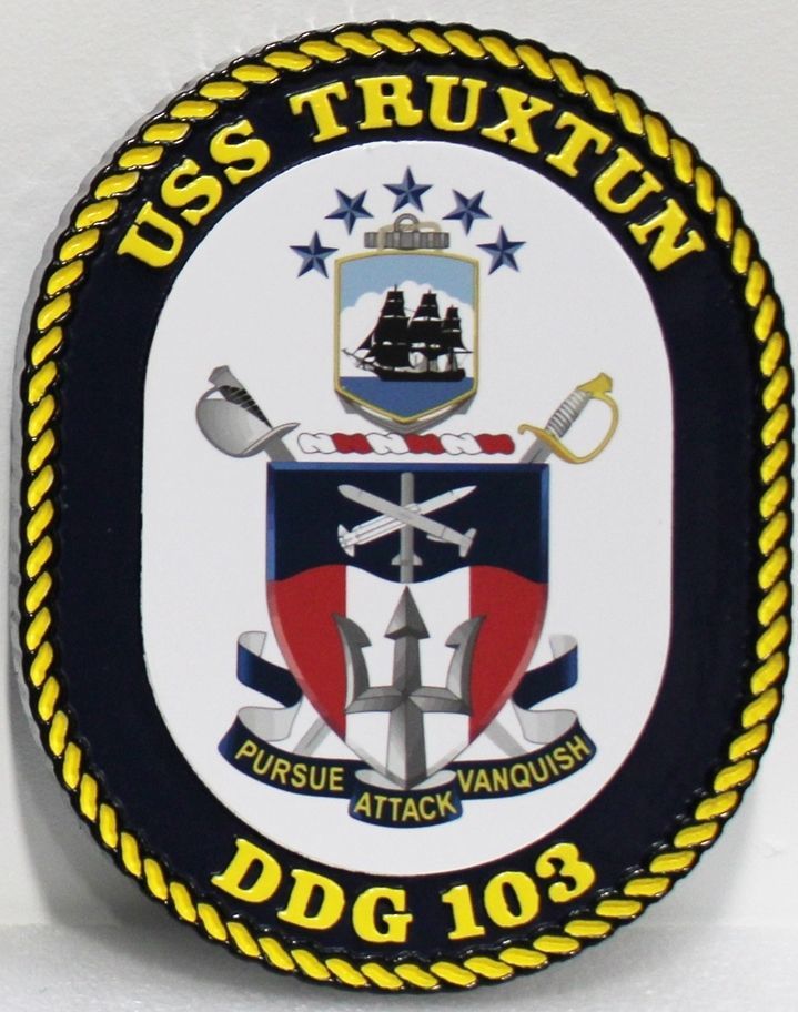 JP-1306 -  Carved 2.5-D HDU Plaque of the Crest of the USS Truxton,  DDG 103, US Navy Destroyer