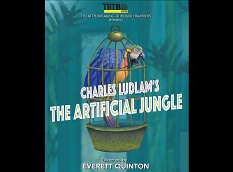 A logo of The Artificial Jungle 2017. There is a parrot in a cage in the center of the logo. In the foreground there is a title that reads, "Charles Ludlam's The Artificial Jungle.” 