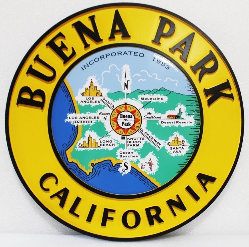 DP-1195- Carved 2.5-D Multi-Level Artist Painted Plaque of the Seal of the City of Buena Park, California