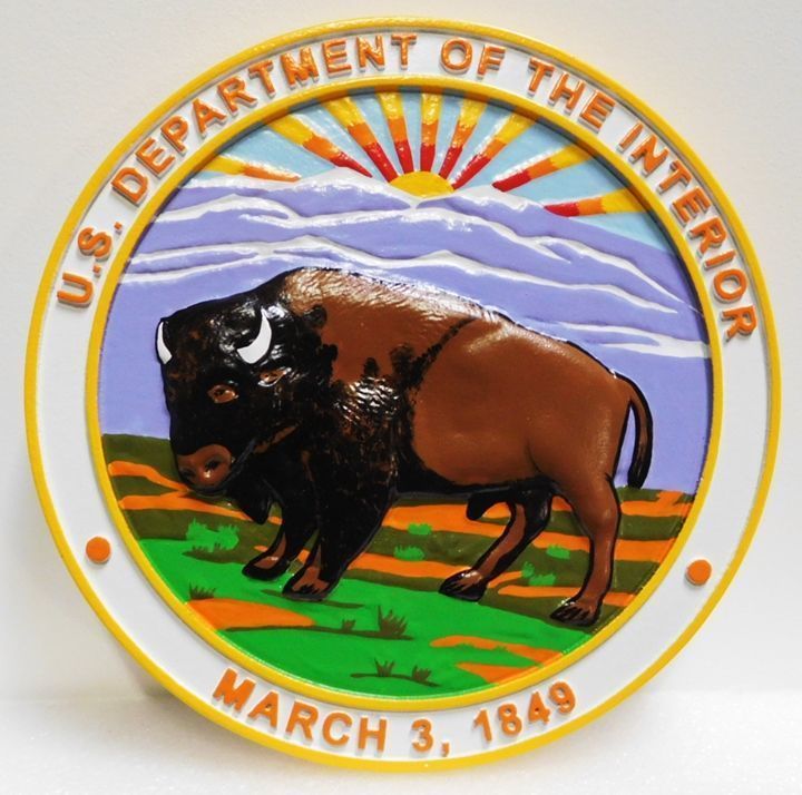 U30181 - Carved 3-D Bas-relief Artist-painted HDU Wall plaque of the Seal of the US Department of the Interior