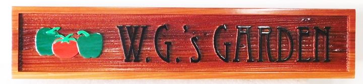 GA16705 - Carved and Sandblasted Wood Grain  High-Density-Urethane (HDU)  Sign  for "W.G.'s Garden", with Vegetables as Artwork