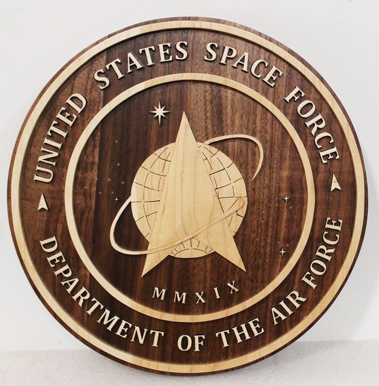 LP-1208 - Carved 3-D Bas-Relief  Plaque of  the Seal of the US Space Force, Stained and Natural Maple Wood