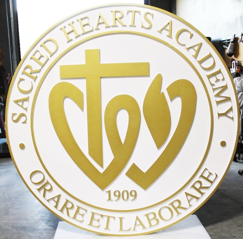 TP-1050 - Carved 2.5-D Raised Relief HDU Plaque of the Seal of Sacred Hearts Academy