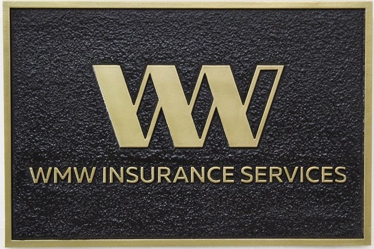 C12510 - Carved 2.5-D Brass-Plated HDU Sign for WMW Insurance Services, with Sandblasted Leatherette Texture Background