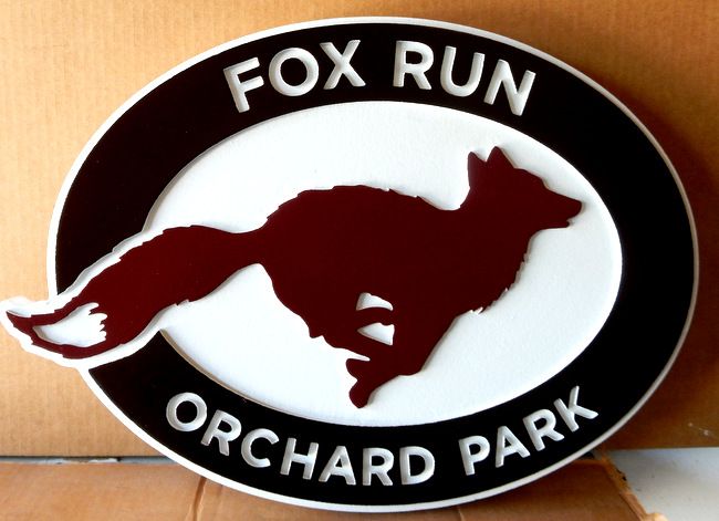 K20174 - Carved HDU Sign for Fox Run Ochard Park with Silhouette of Running Fox