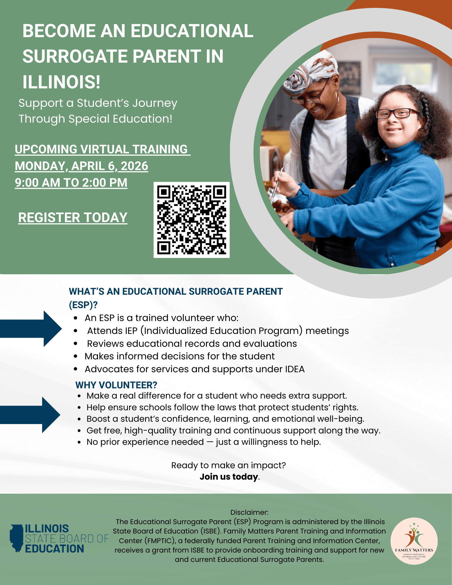 Promotional flyer for a virtual training titled “Become an Educational Surrogate Parent in Illinois.” The event is scheduled for Monday, April 6, 2026, from 9:00 AM to 2:00 PM with a QR code to register. The flyer explains that Educational Surrogate Paren