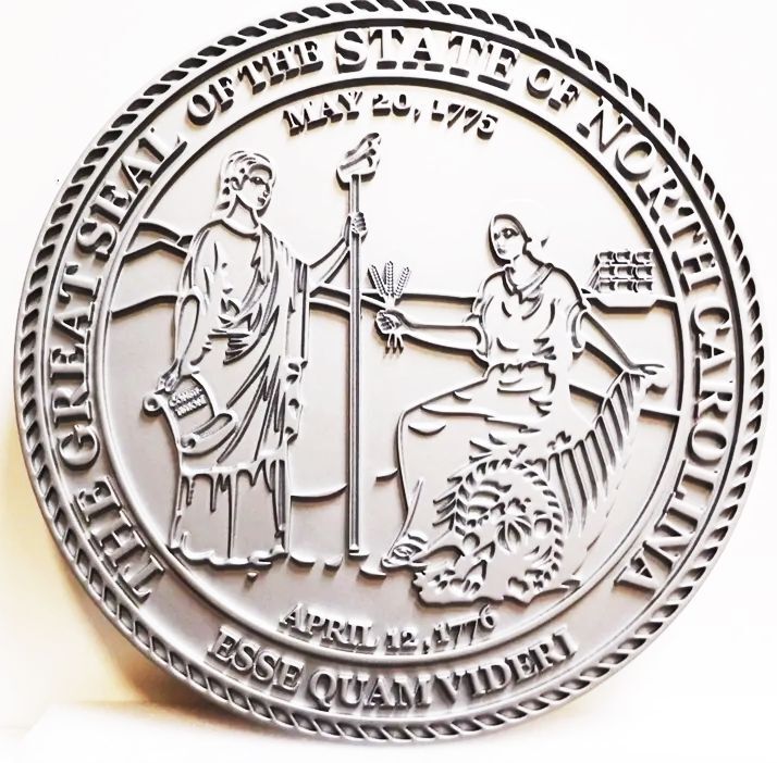 BP-1415 - Carved Wall Plaque of the Great Seal of the State of North Carolina, 2.5-D Outline Relief Metallic Silver Painted
