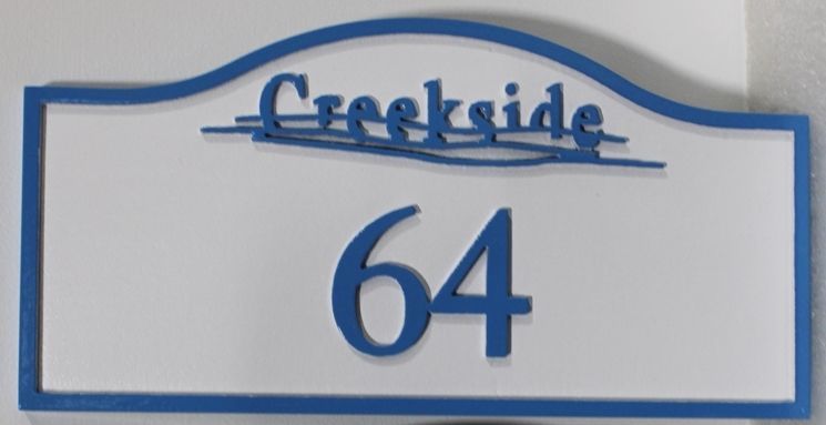 T29208A - Carved 2.5-D Raised Relief Room Number Sign  for the Creekside Hotel, with Logo as Artwork 