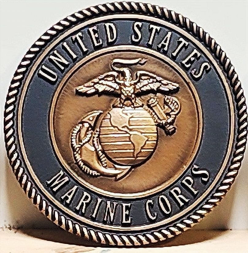 KP-1130-  Carved Plaque of the Emblem of the US Marine Corps, 3-D Brass-Plated 