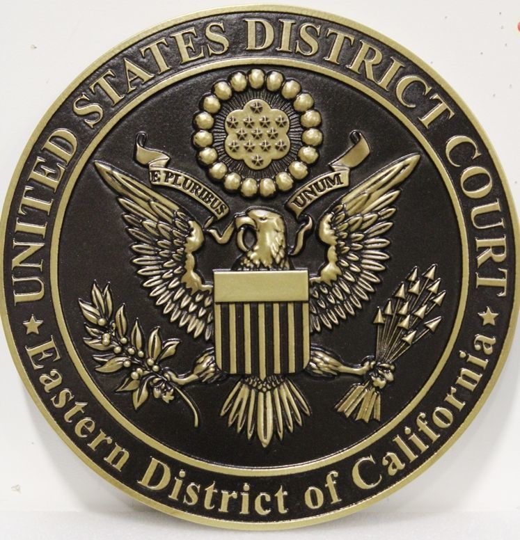 FP-1378 - Carved 3-D Brass-Plated Plaque of the Seal of the United States District Court, Eastern District of California