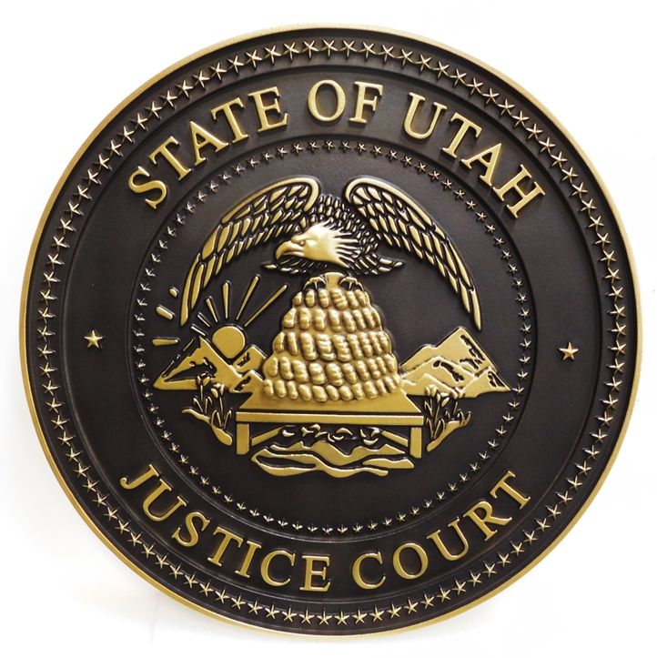 BP-1532 - Carved Plaque of the Seal of the Justice Court of the State of Utah.  3-D Bronze-plated