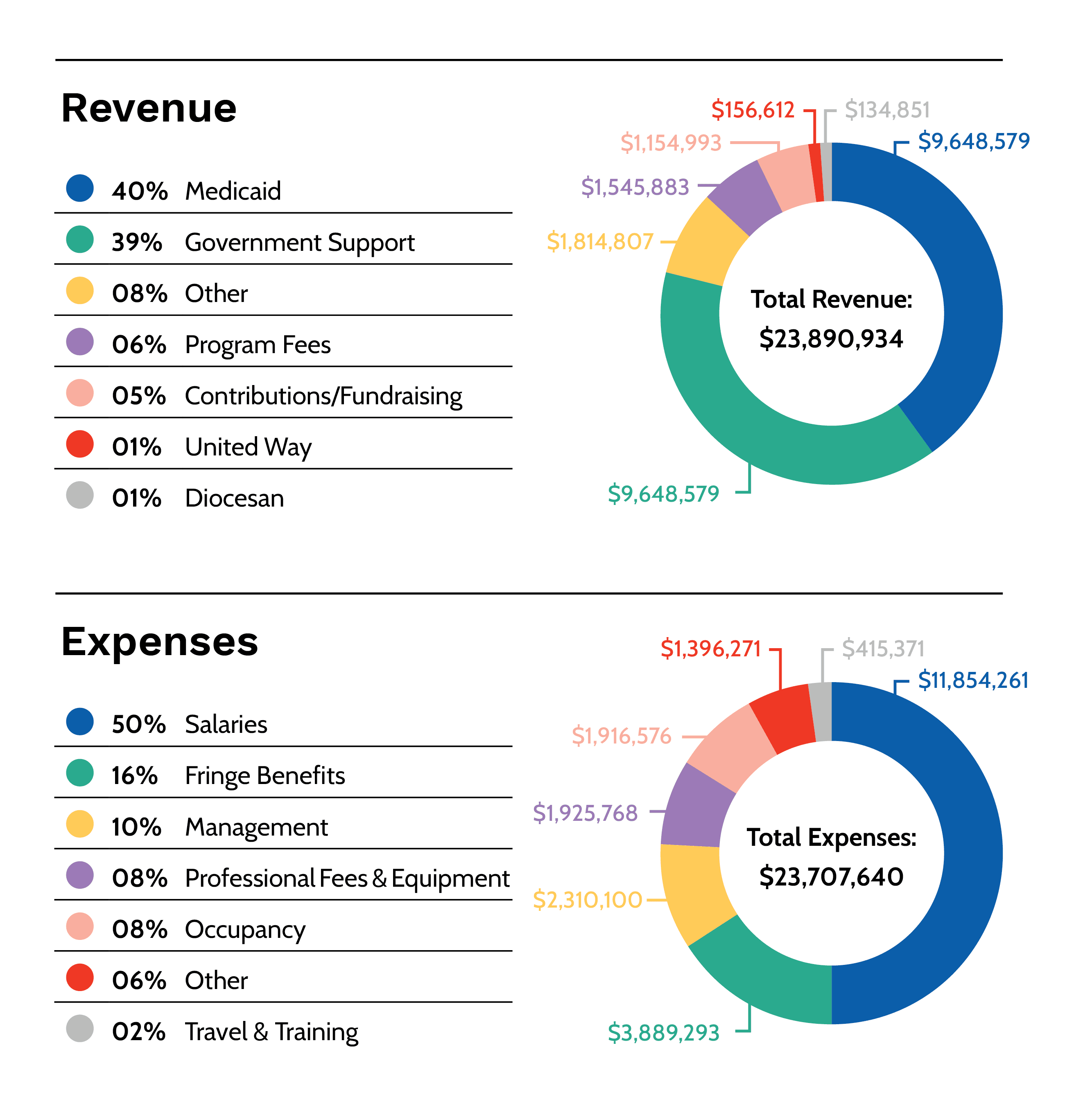 Total Revenue = $23,890,934 (40% Medicaid, 39% Government Support, 8% Other, 6% Program Fees, 5% Contributions/Fundraising, 1% United Way, 1% Diocesan); Total Expenses = $23,707,640 (50% Salaries, 16% Fringe Benefits, 10% Management, 8% Professional Fees 