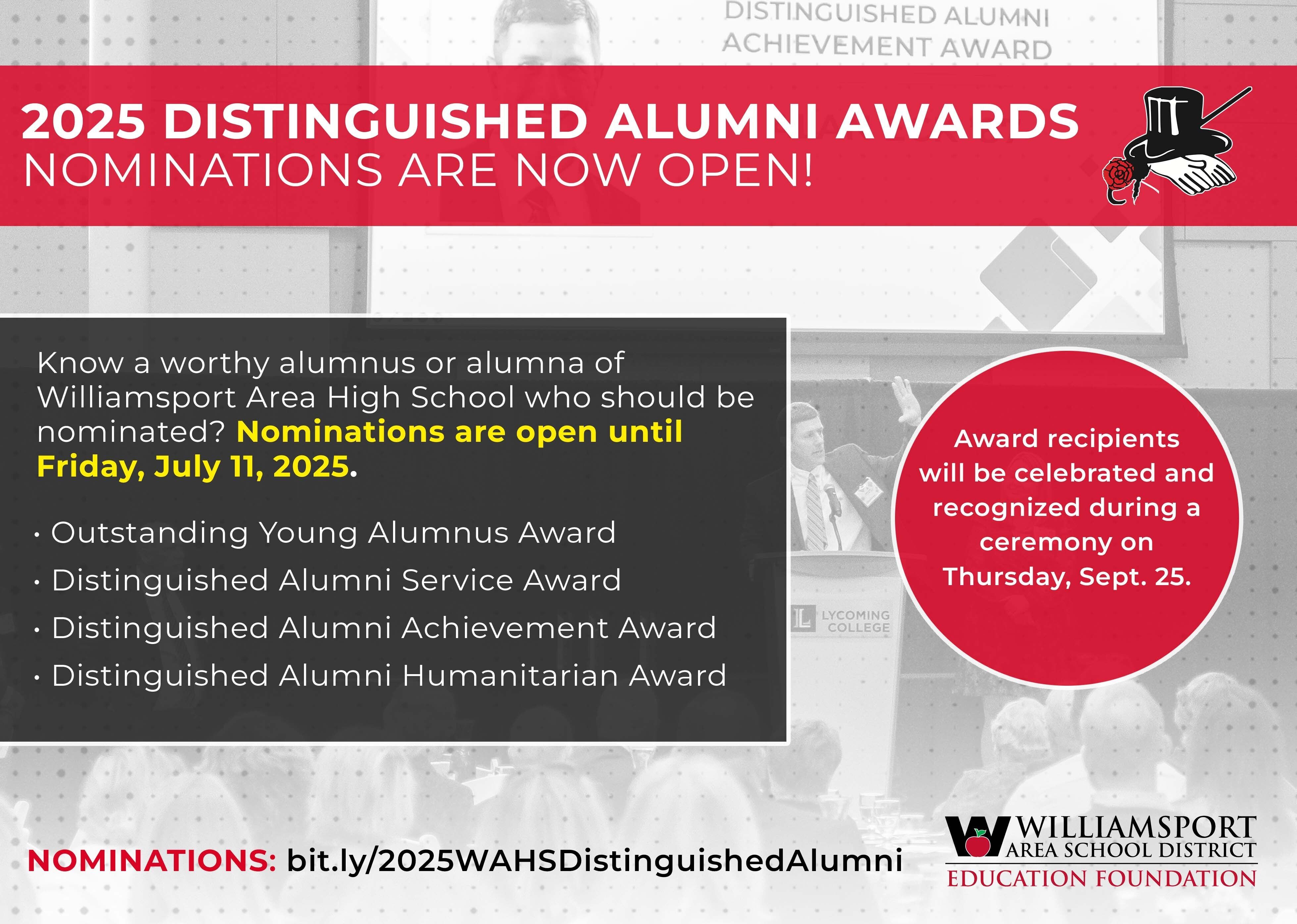 An infographic on the Distinguished Alumni Award nomination categories.