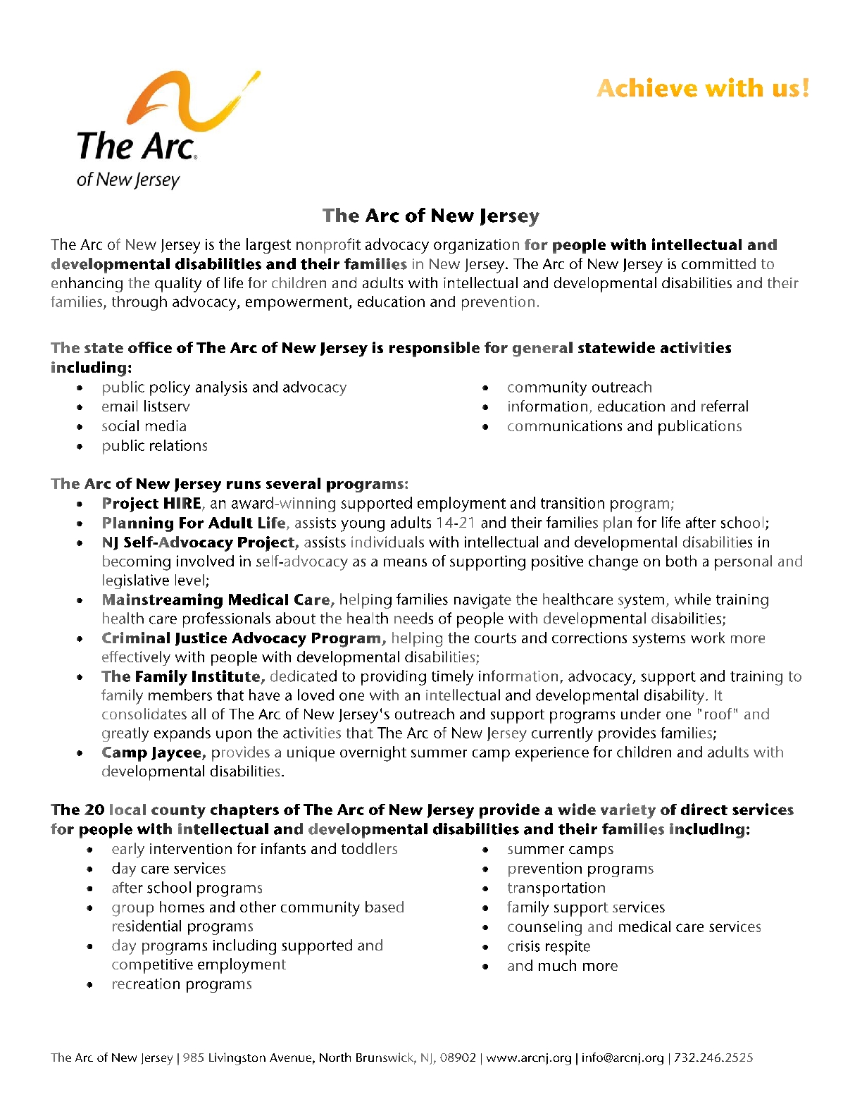 The Arc Of New Jersey Family Institute : Resources : Fact Sheets