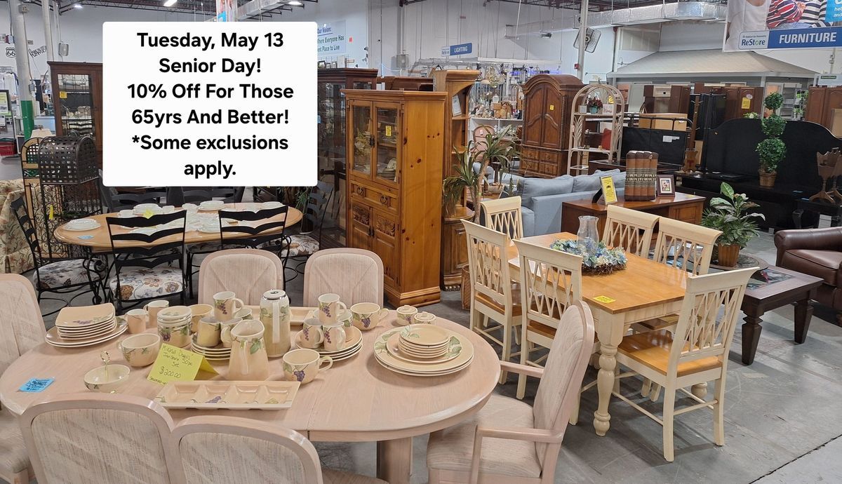 Senior Day promotion sign at Habitat ReStore: 10% off for shoppers aged 65 and older on May 13 – some exclusions apply