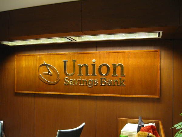 Interior Executive Office Reception Area Sign,1/4" Polished Brass Letters on Wood Panel