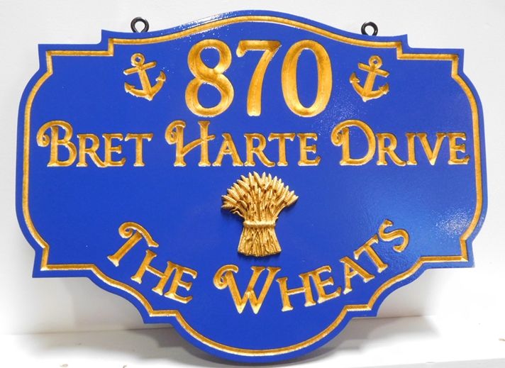I18248 - Carved 3D High-Density-Urethane (HDU)  Address and Property Name Sign for   "The Wheats" Family 
