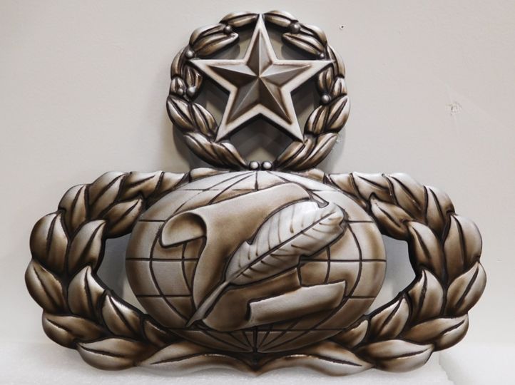 MP-1178 - Carved Plaque of US Army Star, Globe and Wreath  Emblem, 3-D, Metallic Silver ,Bronze and Black Paints