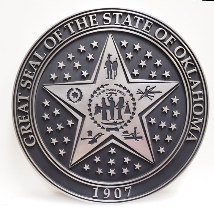 BP-1453 - Carved Wall Plaque of the Great Seal of  the State of Oklahoma, 2.5-D Raised and Engraved Relief, Plated with Aluminum Metal. 
