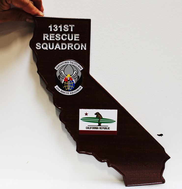 LP-9098 - Carved Mahogany California-Shaped Wall Plaque for the Air Force's 131st Rescue Squadron