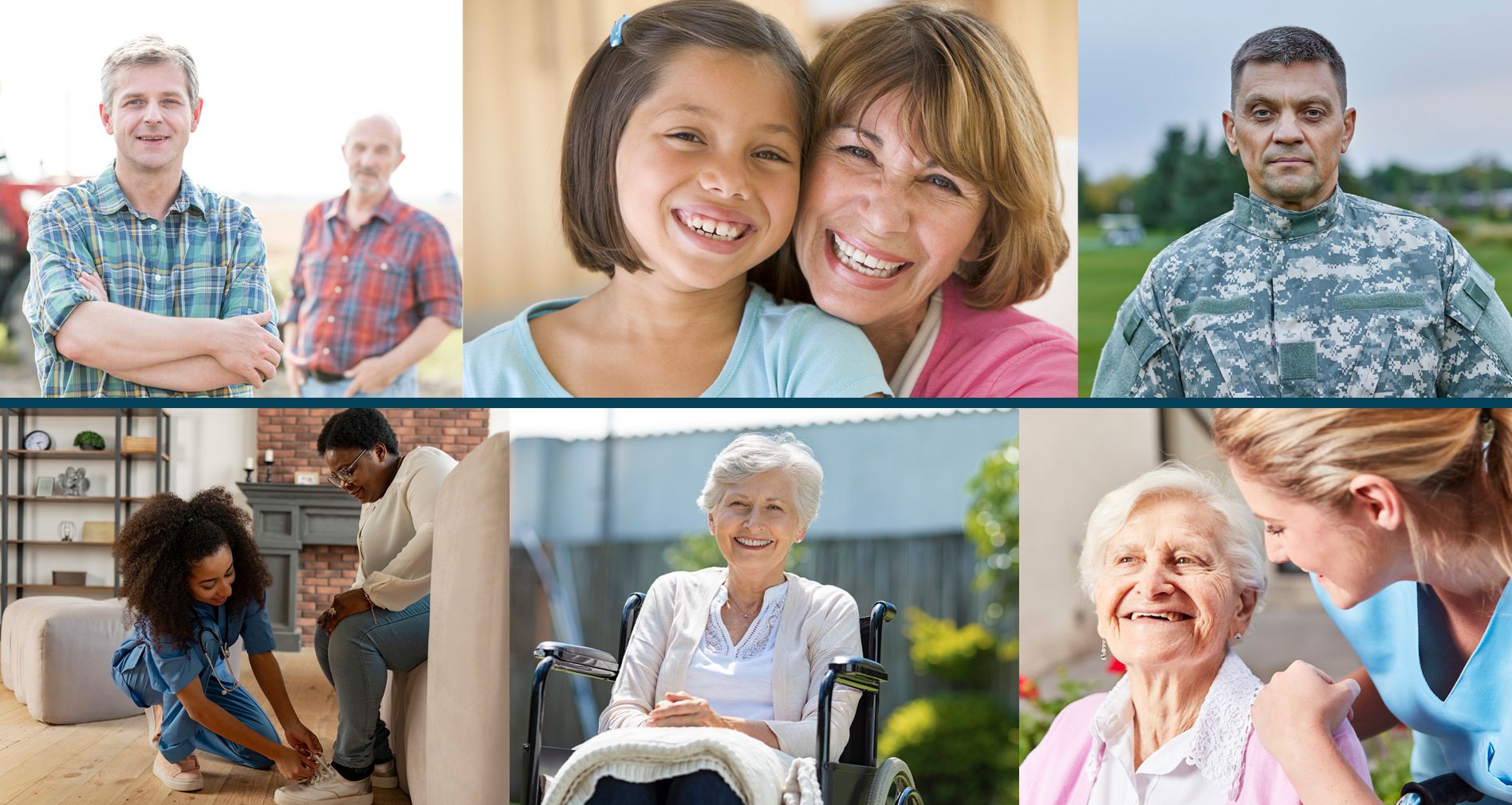 A collage of different people helping each other or smiling at the camera