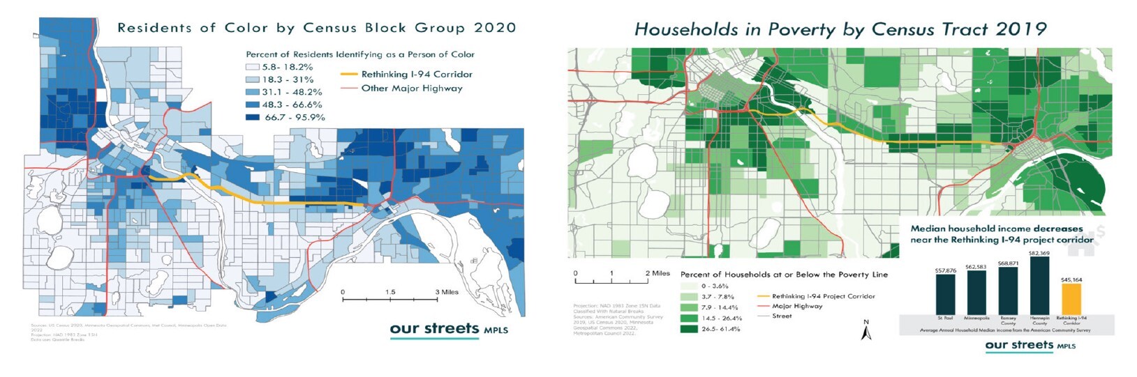 map of residents of color near the highway juxtaposed with the map of households in poverty near the highway