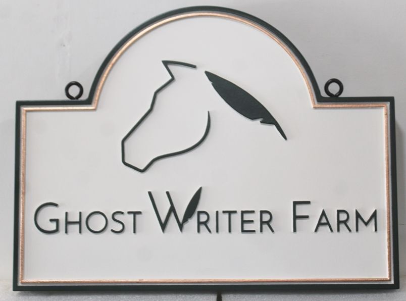 P25346A - Carved 2.5-D Multi-level Hanging Sign  for Ghost Writer Farmwith a Stylized Horse's Head as Artwork 