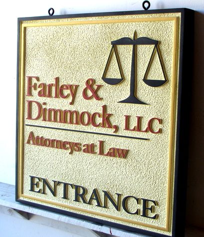 A10112 - Carved HDU Entrance Sign for Law Offices, with Scales of Justice