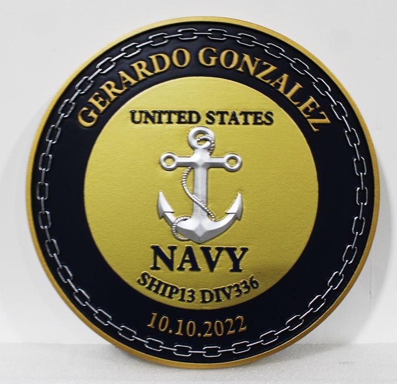 JP-2777 - Carved 3-D Bas-Relief Wall Plaque for Gerardo Gonzalez, US Navy, with Navy Anchor and Chain Artwork