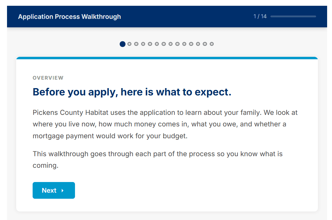 Screenshot of Pickens County Habitat for Humanity's online Application Process Walkthrough showing the first step of the homeownership application process.