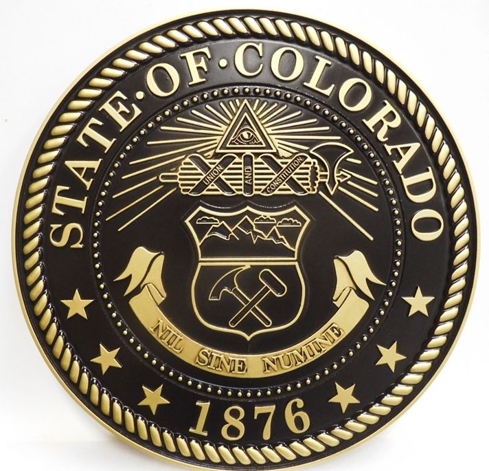BP-1105 - Carved Plaque of an Emblem of a  State, 2.5-D Outline Relief Bronze Plated with Black Background Paint